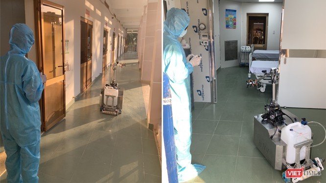BV Dã chiến Củ Chi đá sử dụng robot khử khuẩn phòng cách ly thay nhân viên y tế giảm nguy cơ lây nhiễm COVID-19 (Ảnh: Hòa Bình ghép)