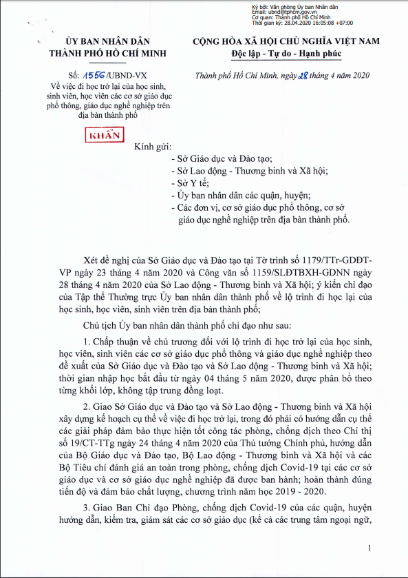 Công văn của UBND TP HCM về lịch đi học lại của HSSV