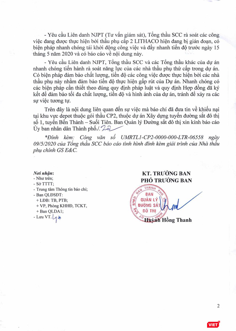 Văn bản do ông Huỳnh Hồng Thanh, Phó trưởng Ban Quản lý Đường sắt đô thị TP. HCM ký Văn bản do ông Huỳnh Hồng Thanh, Phó trưởng Ban Quản lý Đường sắt đô thị TP. HCM ký