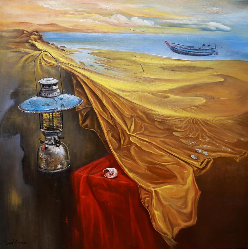 Tác phẩm Đài cát vàng (sơn dầu, 100cm x 100cm, 2020) của Nguyễn Lương Sáng
