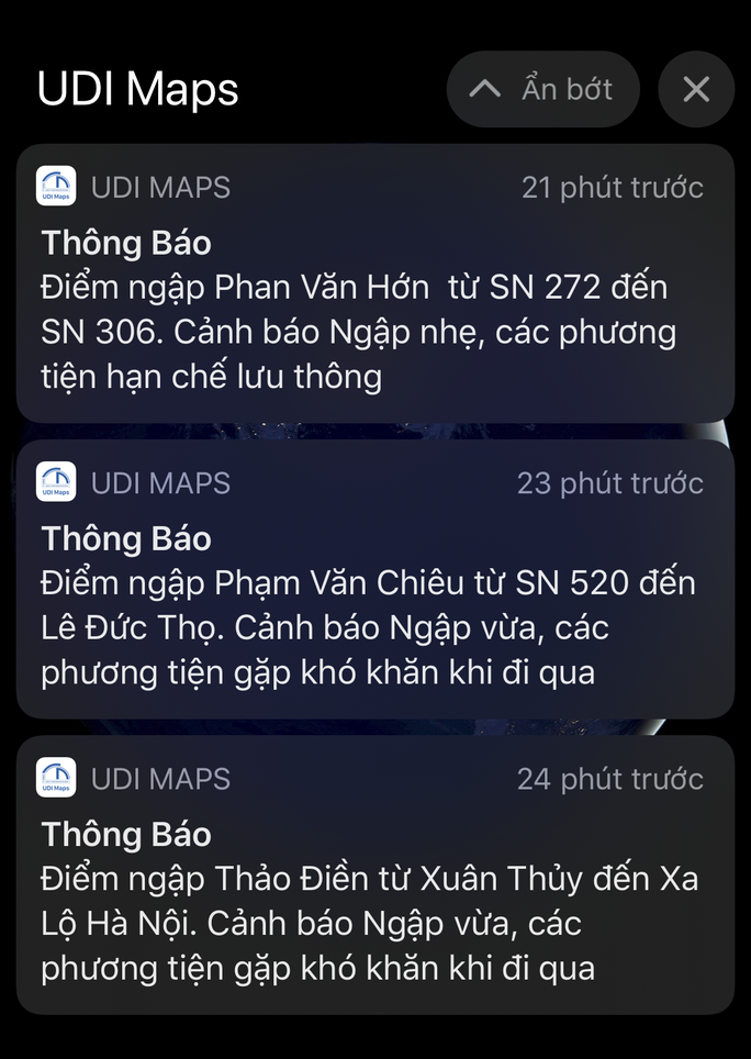 Thông báo điểm ngập của UDI Maps (Ảnh chụp màn hình)