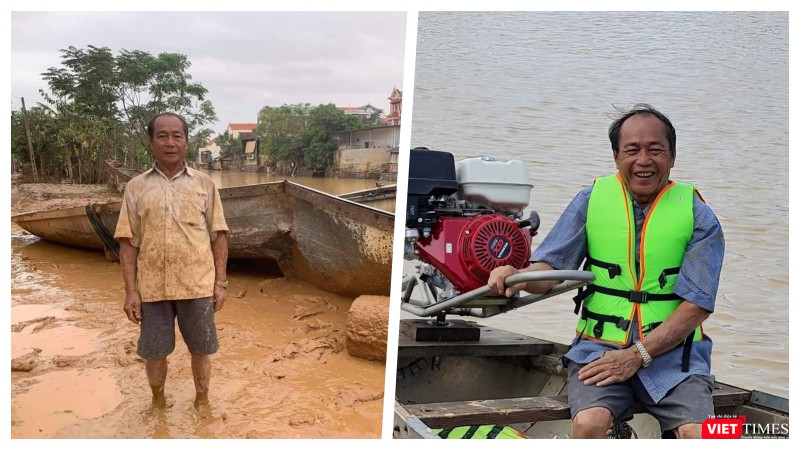"Người hùng chân đất", ông Bình (xã Hiền Ninh, huyện Quảng Ninh, tỉnh Quảng Bình) với con đò gẫy đôi sau khi cứu hàng trăm người dân vùng lũ, vừa được tặng một con đò mới (Ảnh: Lê Hữu Chính)