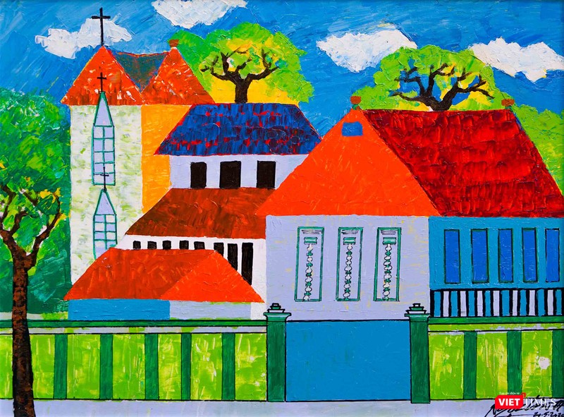 Tranh "Nhà thờ Hàm Long" của họa sĩ Ngọc Linh, một tác phẩm trong bộ 13 bức về chủ đề Hà Nội (Ảnh: Gia đình họa sĩ cung cấp)