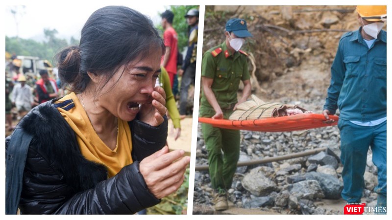 Em nhỏ thiệt mạng được đưa đi an táng tại Trà Leng (Ảnh: Duy Hiệu chụp, Hoà Bình ghép)