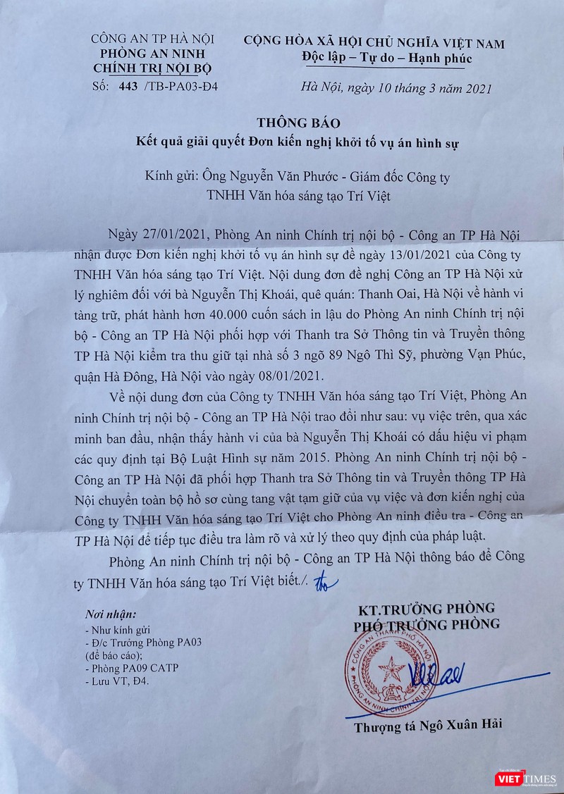 Văn bản của Công an Hà Nội vừa được chuyển tới First News - Trí Việt
