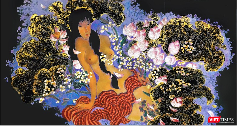 Tác phẩm Dạ liên (sơn mài, 120cm x 224cm, 2019) của Nguyễn Hoài Hương