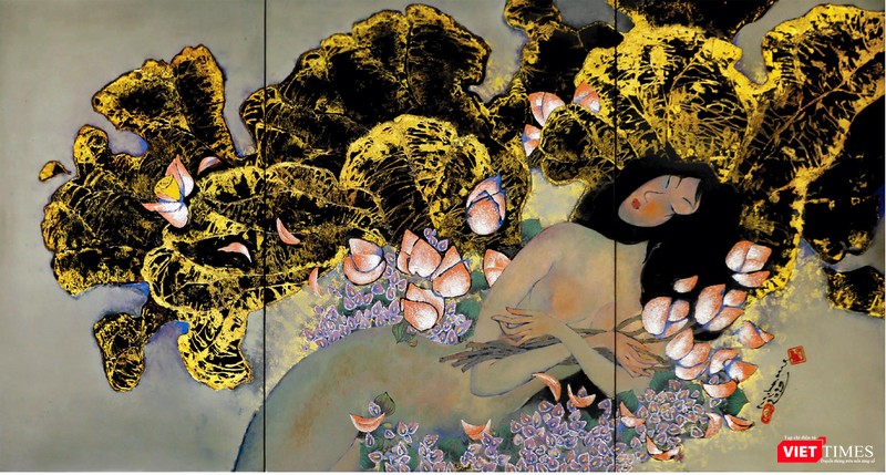 Tác phẩm Giấc mơ trưa 2 (sơn mài, 120cm x 224cm, 2019) của Nguyễn Hoài Hương