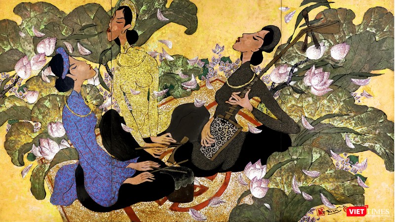 Tác phẩm Hát chầu văn (sơn mài, 120cm x 210cm, 2019) của Nguyễn Hoài Hương