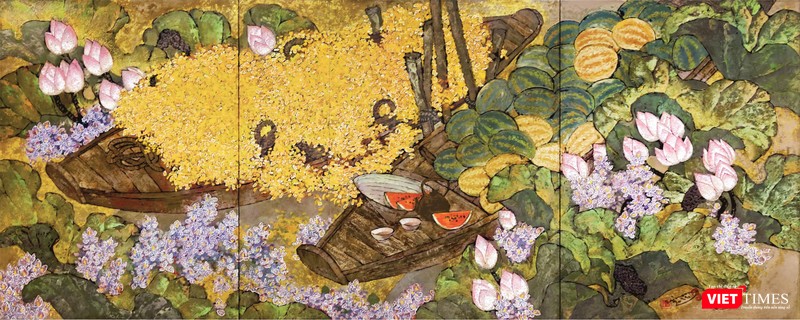 Tác phẩm Mùa xuân 2 (sơn mài, 120cm x 300cm, 2019) của Nguyễn Hoài Hương