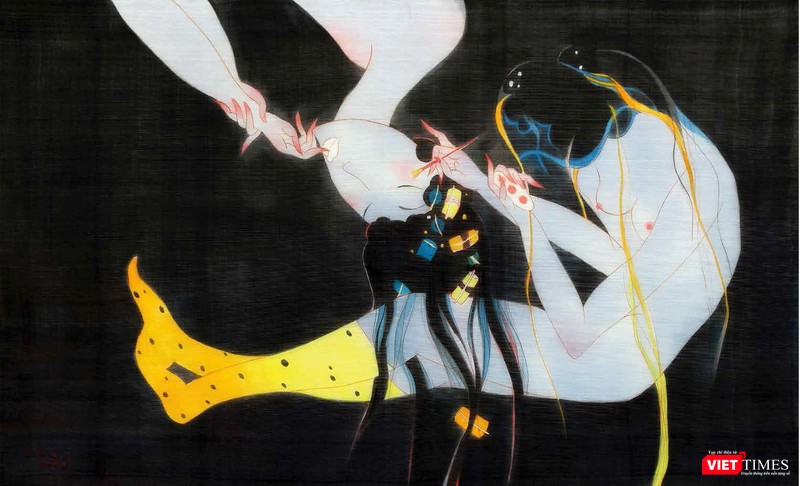 Tác phẩm Khẽ chạm 2 (mực acrylic trên lụa, 67cm x 110cm, 2020) Tác phẩm Khẽ chạm 2 (mực acrylic trên lụa, 67cm x 110cm, 2020)