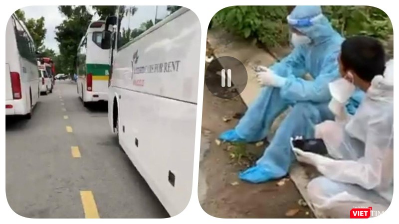 Hàng dài xe cấp cứu, xe vận chuyển người bệnh COVID-19 chờ đợi chưa thể nhập viện - Ảnh: Hoà Bình chụp màn hình video