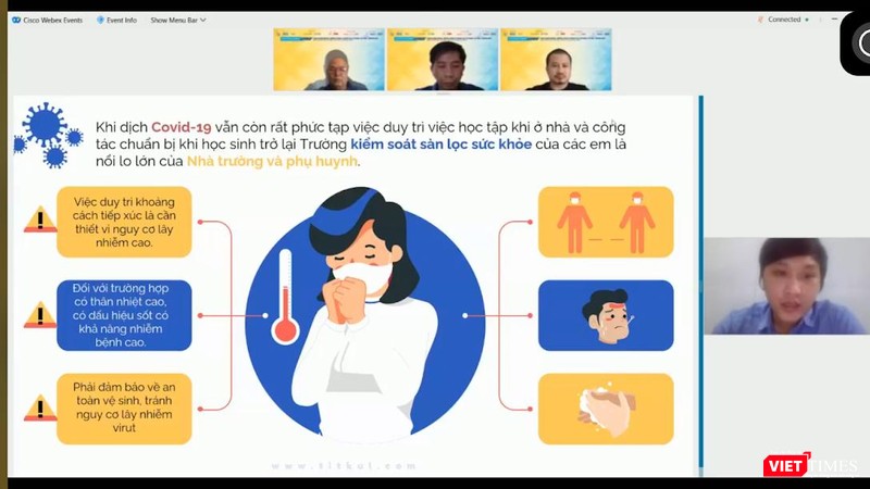 Hội thảo trực tuyến do Hội Tin học TP.HCM tổ chức, các chuyên gia đưa nhiều giải pháp chống dịch COVID-19 ở nhà trường, công sở. Ảnh: Hoà Bình chụp màn hình giao lưu