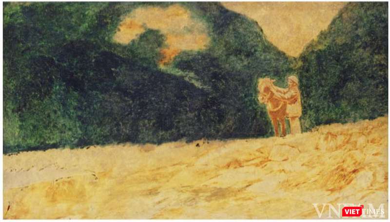 Dương Bích Liên (1924-1989) dựng lên một không gian núi rừng, trời nước bao la trong bức tranh sơn mài “Bác Hồ ở chiến khu Việt Bắc”. Ảnh: BTMTVN