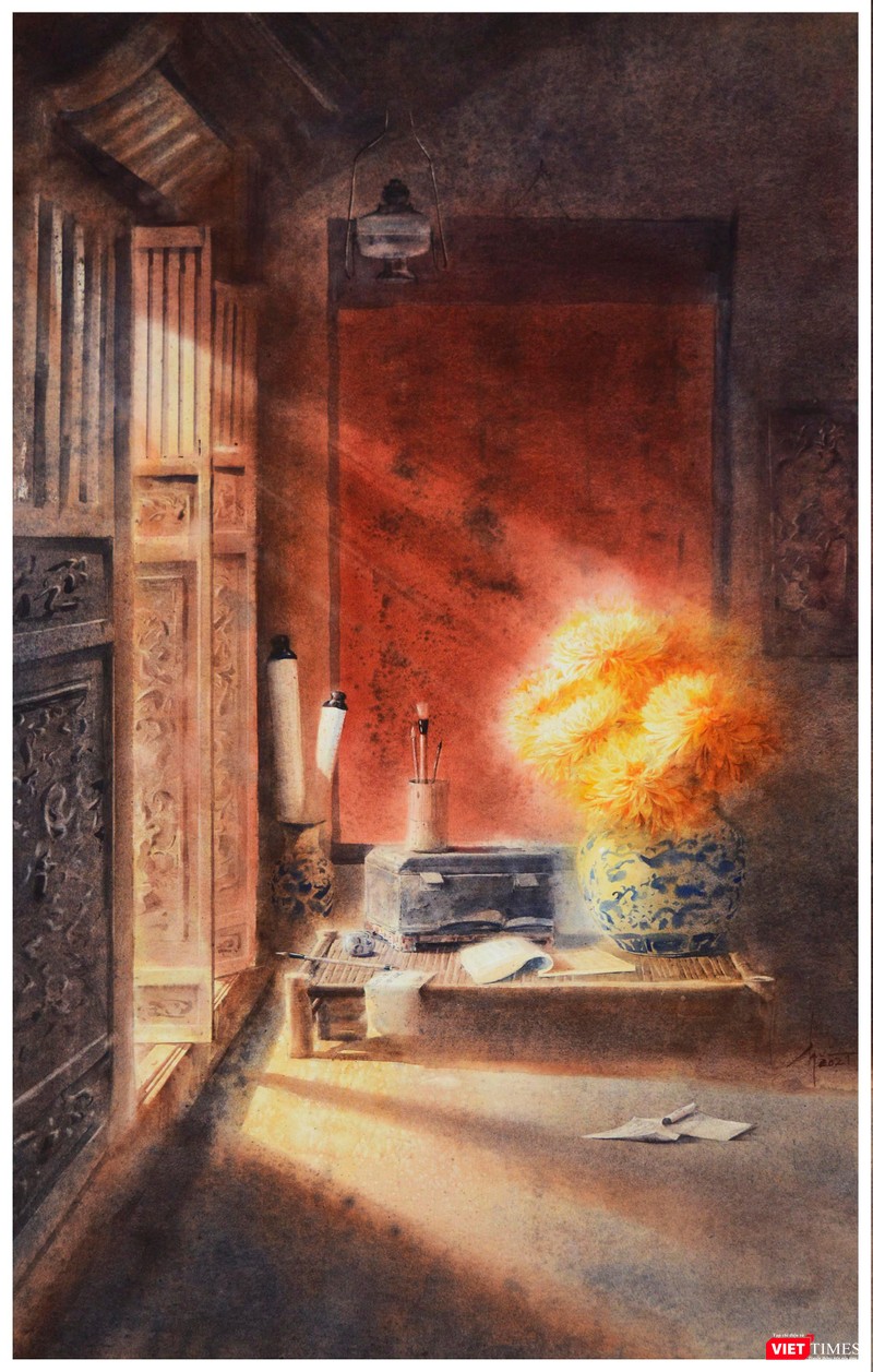 Tác phẩm "Góc thư phòng" (màu nước trên giấy, 160cm x 100cm, 2021) Tác phẩm "Góc thư phòng" (màu nước trên giấy, 160cm x 100cm, 2021)