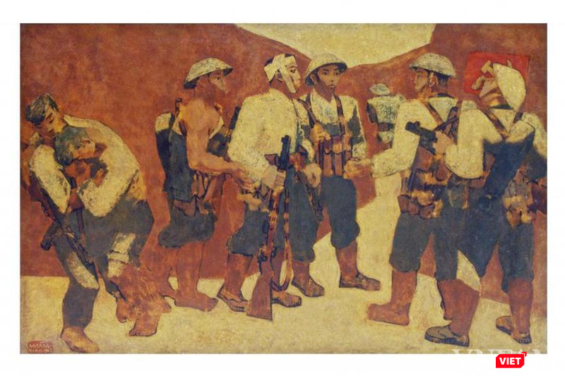 "Kết nạp Đảng ở Điện Biên Phủ" của danh họa Nguyễn Sáng. Ảnh: BTMTVN