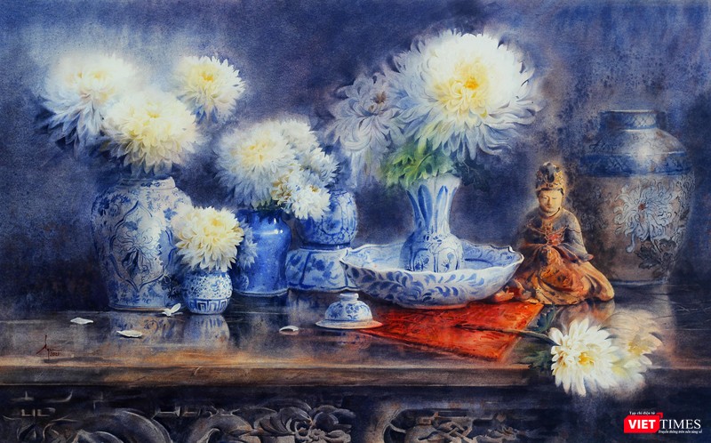 Tác phẩm "Tự tại" (màu nước trên giấy, 80cm x 130cm, 2021 Tác phẩm "Tự tại" (màu nước trên giấy, 80cm x 130cm, 2021