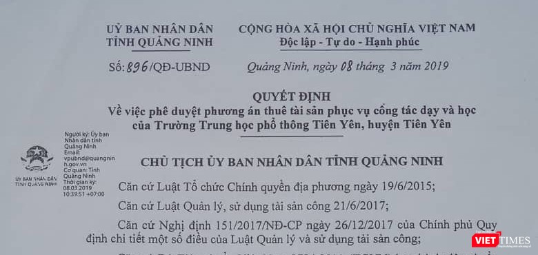 Quyết định số 896 của UBND tỉnh Quảng Ninh về việc thuê trường Quyết định số 896 của UBND tỉnh Quảng Ninh về việc thuê trường
