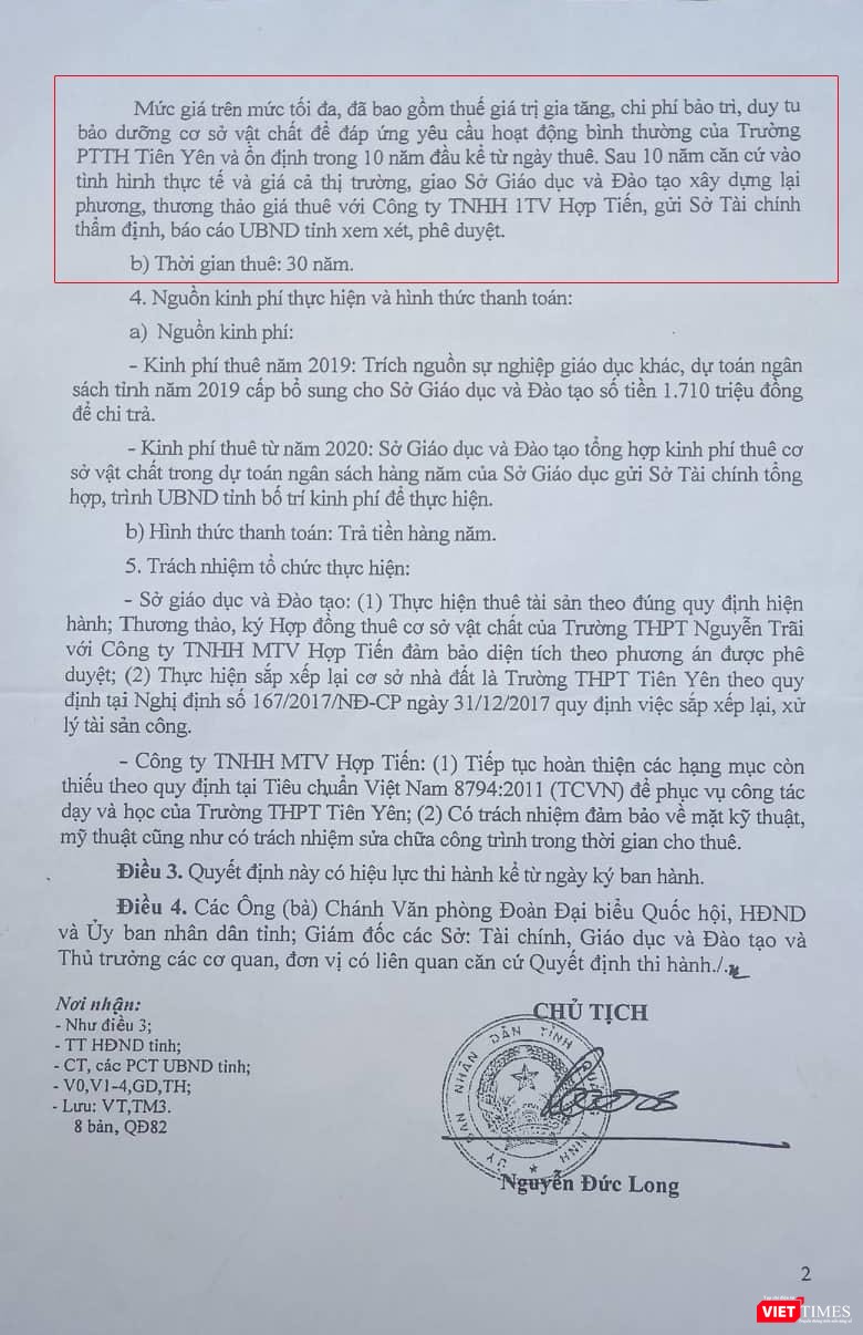 Quyết định ghi rõ thời hạn thuê trường là 30 năm Quyết định ghi rõ thời hạn thuê trường là 30 năm