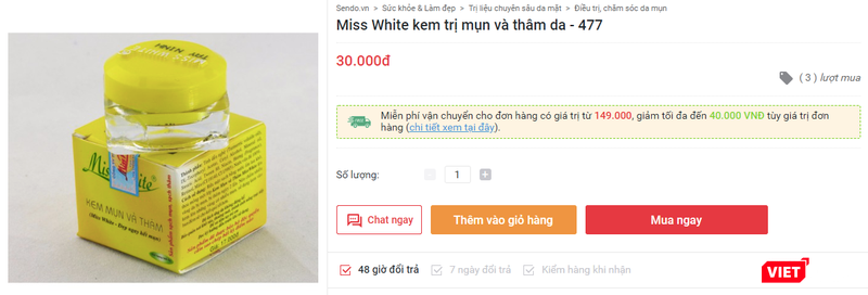Đình chỉ lưu hành toàn quốc lô kem mụn và thâm Miss White