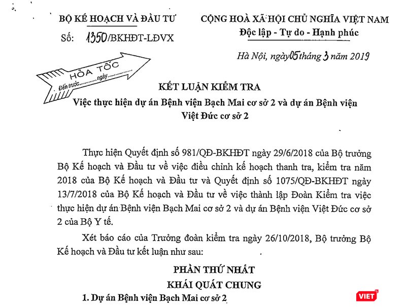 Kết luận kiểm tra dự án 2 BV của Bộ Kế hoạch - Đầu tư tháng 3/2019