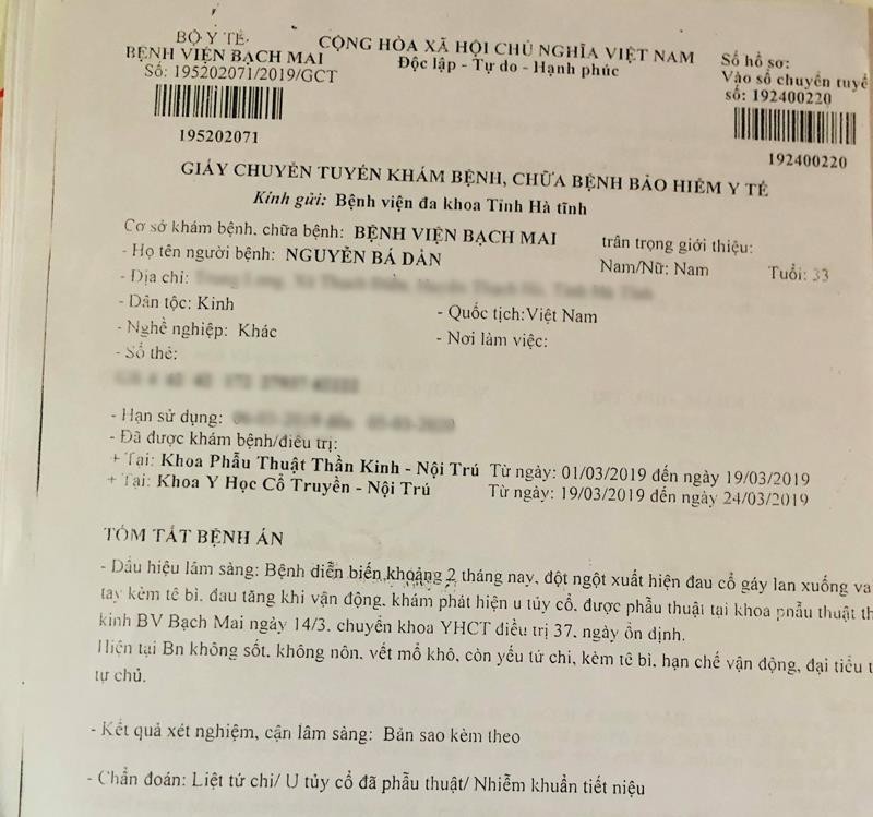 Giấy chuyển tuyến khám bệnh của anh Dần