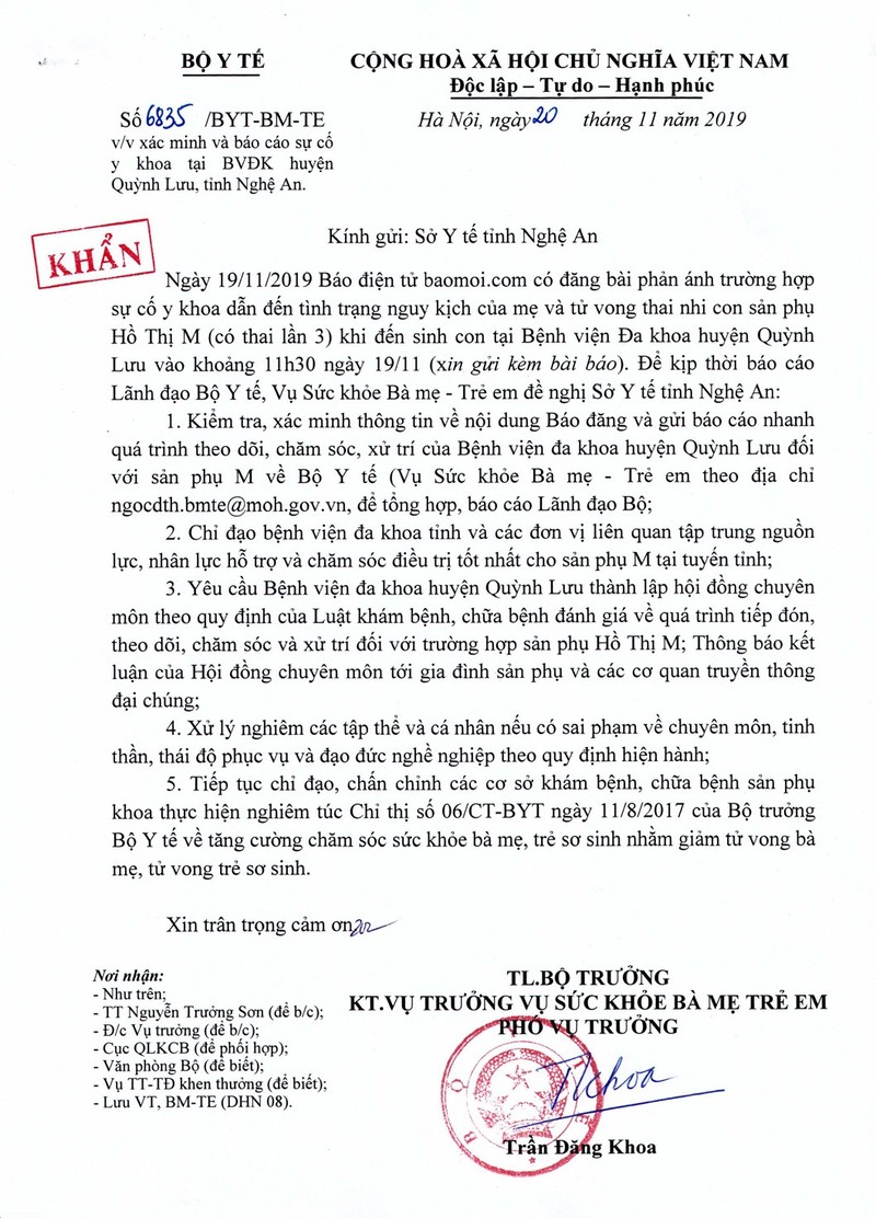 Công văn khẩn của Bộ Y tế yêu cầu Sở Y tế tỉnh Nghệ An chỉ đạo sát sao vụ việc thai nhi tử vong tại Bệnh viện Đa khoa huyện Quỳnh Lưu.