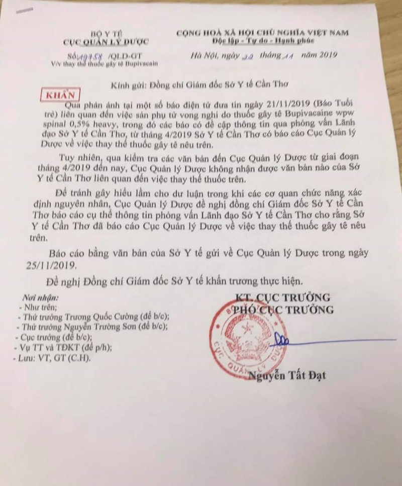 Sở Y tế Cần Thơ nói gửi báo cáo từ tháng 4, Cục Quản lý Dược nói không có 