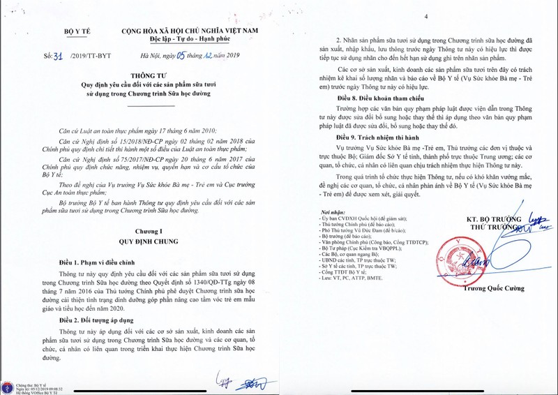 Thông tư đầu tiên của Bộ Y tế về sản phẩm Sữa học đường.