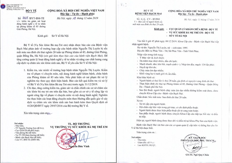 Công văn của Bộ Y tế và báo cáo của Bệnh viện Bạch Mai