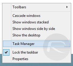 Hướng dẫn tắt iTunes tự chạy khi nối iPhone với máy tính: Đối với Windows 8 trở lên, mở Task Manager bằng cách kích chuột phải vào thanh Taskbar phía dưới rồi chọn Task Manager (mũi tên).