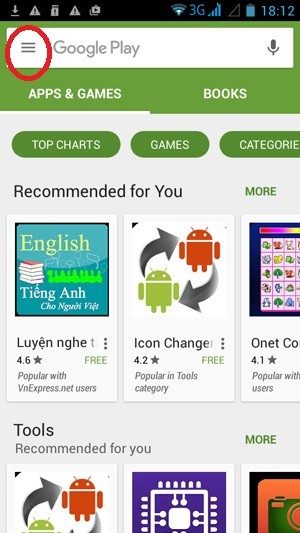 Hướng dẫn dùng tài khoản Viettel mua ứng dụng Google Play: Mở Google Play và bấm biểu tượng danh mục. Hướng dẫn dùng tài khoản Viettel mua ứng dụng Google Play: Mở Google Play và bấm biểu tượng danh mục.