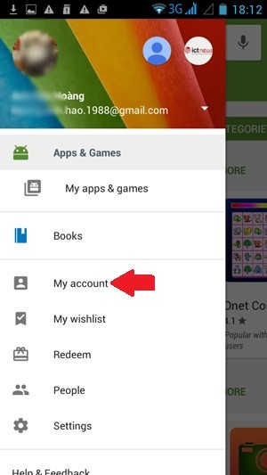 Hướng dẫn dùng tài khoản Viettel mua ứng dụng Google Play: Vào mục "My account". Hướng dẫn dùng tài khoản Viettel mua ứng dụng Google Play: Vào mục "My account".