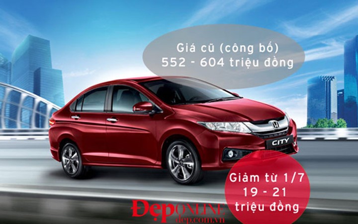 Cùng nằm trong số những mẫu xe cỡ nhỏ có mức giá hấp dẫn sau 1 tháng 7 phải kể đến là Honda City. Theo thông báo chính thức, City MT (giá cũ 552 triệu đồng) và City CVT (giá cũ 604 triệu đồng) có mức giảm lần lượt là 19 và 21 triệu đồng