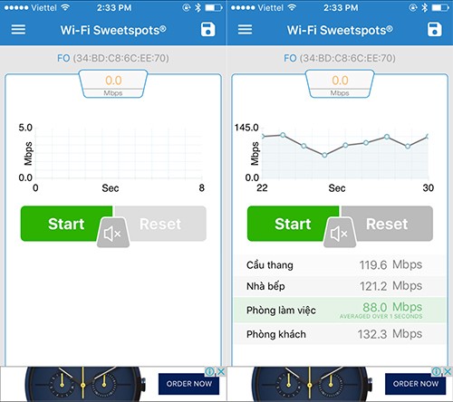 Giao diện phần mềm Wi-Fi SweetSpots với các thông số khi tiến hành đo đạc. Giao diện phần mềm Wi-Fi SweetSpots với các thông số khi tiến hành đo đạc.
