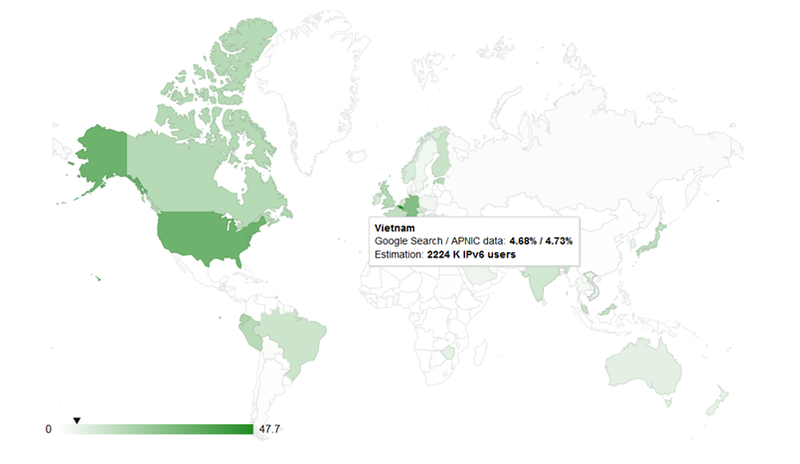 Bản đồ số lượng người dùng IPv6 (nguồn Cisco)