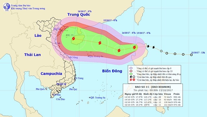 Vị trí và hướng di chuyển của bão số 11. Ảnh Trung tâm Dự báo KTTVTƯ.