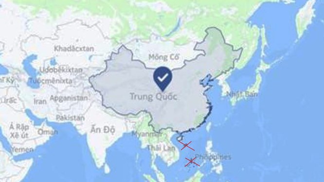 Ảnh chụp màn hình bản đồ của Facebook xác định cả Hoàng Sa, Trường Sa khi chọn vị trí "Trung Quốc" (ảnh chụp ngày 1/7/2018).