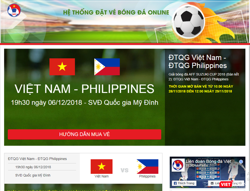 Ảnh chụp màn hình trang bán vé trực tiếp của VFF