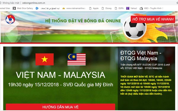 Giao diện website giả mạo bán vé online giống website bán vé chính thức của LĐBĐVN
