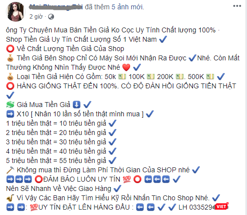 Các nội dung rao bán, quảng cáo tiền giả xuất hiện công khai trên Facebook. Các nội dung rao bán, quảng cáo tiền giả xuất hiện công khai trên Facebook.