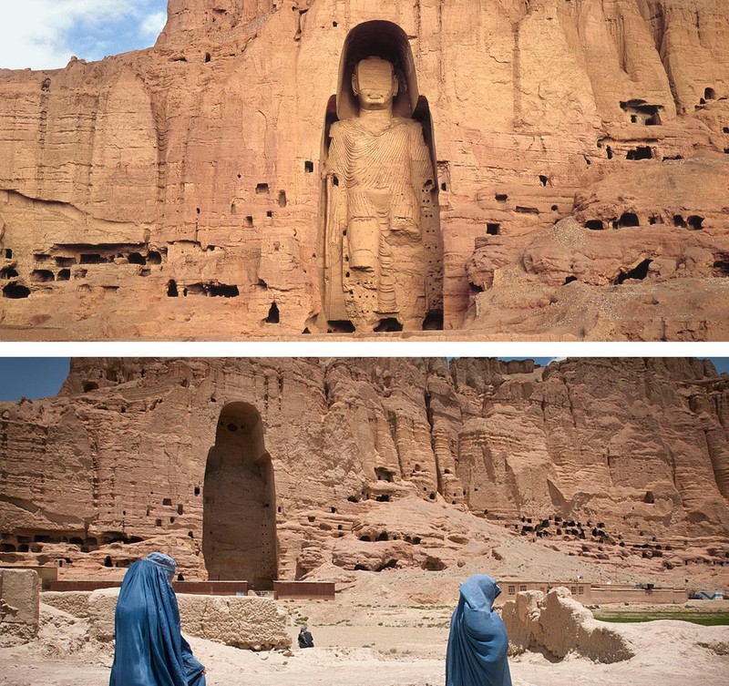 Ảnh chụp tượng Phật ở thung lũng Bamiyan trước và sau chiến tranh. Ảnh: UNESCO Ảnh chụp tượng Phật ở thung lũng Bamiyan trước và sau chiến tranh. Ảnh: UNESCO