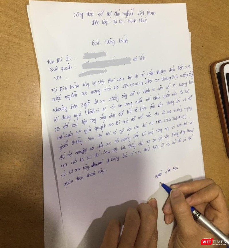 Hành động sàm sỡ của phụ xe được chị V. trình báo chi tiết trong đơn.