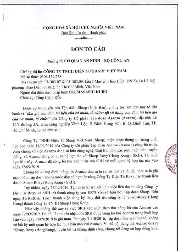 Nội dung đơn tố cáo của Sharp Việt Nam gửi Bộ Công an tố hành vi sai phạm của Asanzo.