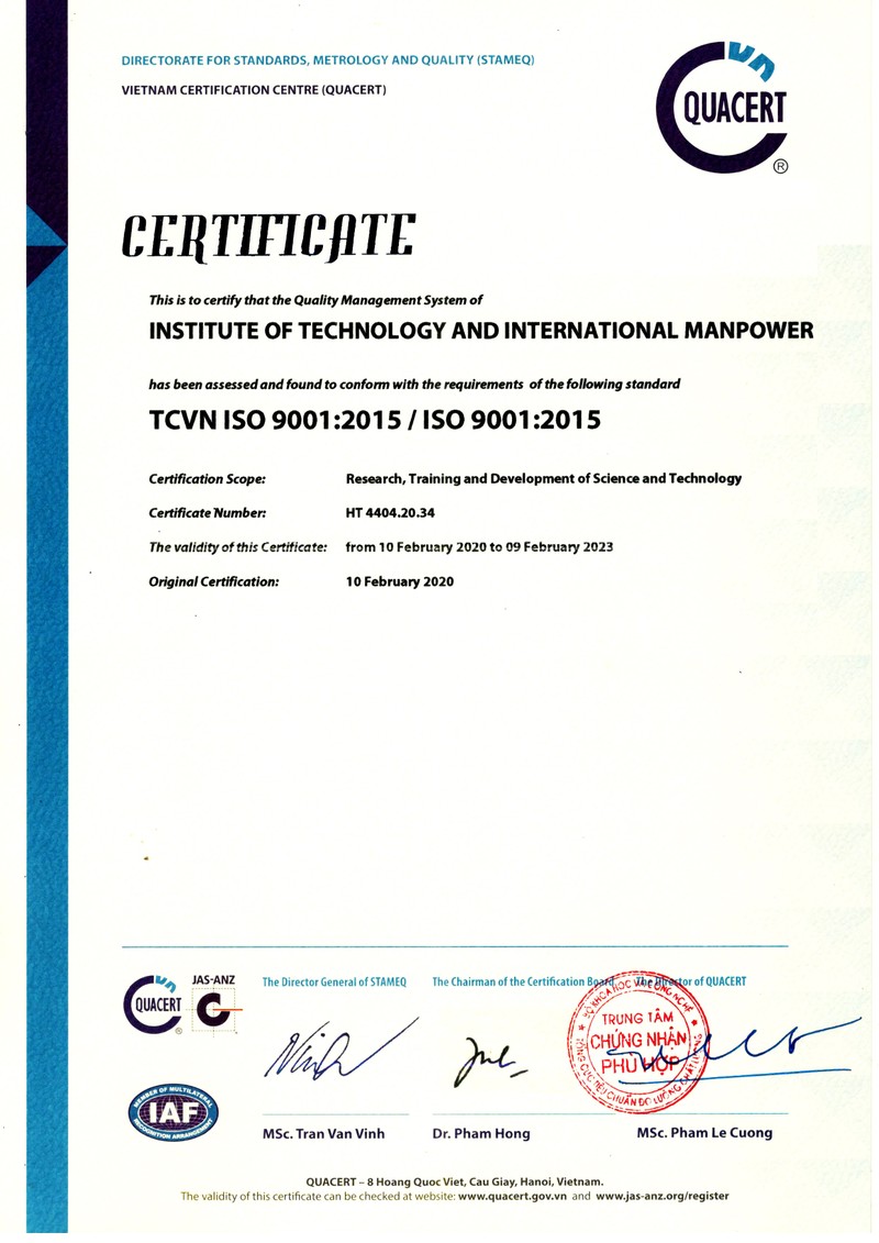 Chứng nhận Hệ thống Quản lý Chất lượng ISO 9001:2015 trong lĩnh vực Nghiên cứu, đào tạo và phát triển khoa học công nghệ vừa được trao cho Viện Công nghệ & Nhân lực Quốc tế (ITIM). Chứng nhận Hệ thống Quản lý Chất lượng ISO 9001:2015 trong lĩnh vực Nghiên cứu, đào tạo và phát triển khoa học công nghệ vừa được trao cho Viện Công nghệ & Nhân lực Quốc tế (ITIM).