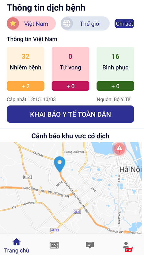 Ứng dụng cập nhật thông tin theo thời gian thực các số liệu về dịch COVID-19. Ảnh chụp màn hình: Anh Lê. Ứng dụng cập nhật thông tin theo thời gian thực các số liệu về dịch COVID-19. Ảnh chụp màn hình: Anh Lê.