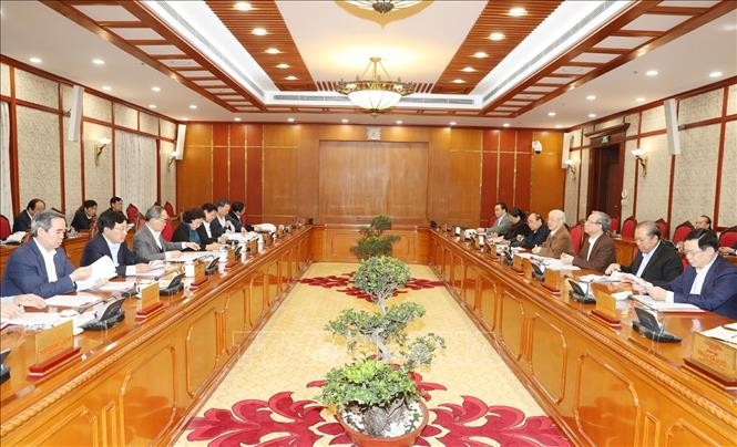 Toàn cảnh phiên làm việc của Bộ Chính trị sáng nay.