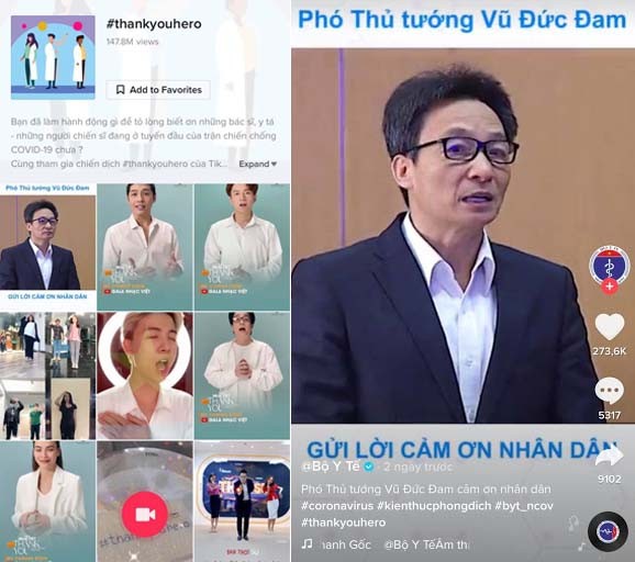 Cùng chiến dịch #thankyouhero, Phó Thủ Tướng Vũ Đức Đam đã gửi lời cảm ơn tới toàn thể nhân dân, các cơ quan chức năng và đặc biệt là của đội ngũ bác sĩ, y tế thông qua đoạn video của Bộ Y tế đăng tải trên TikTok