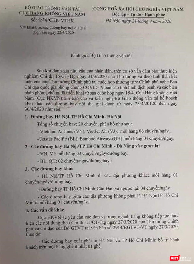 Văn bản của Cục Hàng không Việt Nam gửi Bộ Giao thông vận tải về việc mở lại toàn bộ đường bay nội địa.
