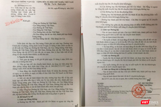 Công văn hỏa tốc số 3864 BGTVT - VT của Bộ GTVT về việc triển khai chỉ đạo của Thủ tướng Chính phủ.