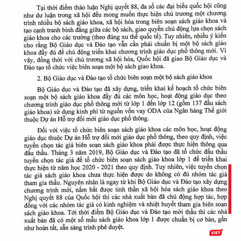 Báo cáo ngày 23/3/2020 của Chính phủ gửi Quốc hội về việc thực hiện triển khai đổi mới chương trình SGK, giáo dục phổ thông nhiều lần nhắc tới việc không đủ nhóm tác giả tham gia thầu thực hiện SGK.